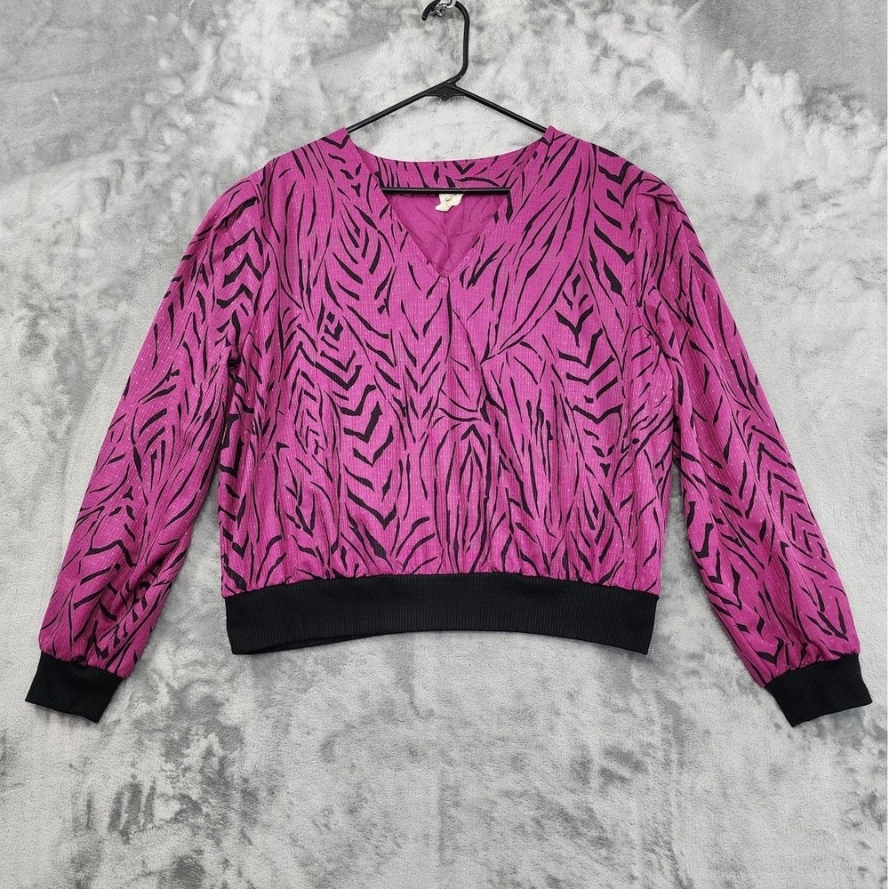 Vintage 70s Edith Martin V-Neck Long Sleeve Blouson Top Size‎ L Pink Black Silky